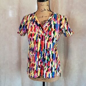 Rafaella Multicolor Cotton V-neck Shirt Short Sleeve Bright Colors Sz SP